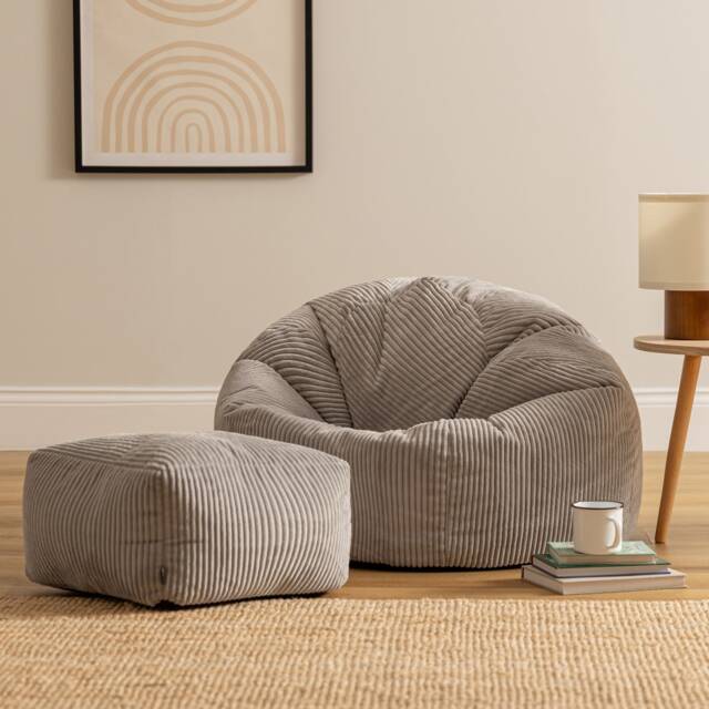 Kingston Cord Adults Bean Bag Chair and Pouffe, Ready Filled Beanbag and Footstool Grey Grey Grey 2