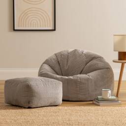 Kingston Cord Adults Bean Bag Chair and Pouffe, Ready Filled Beanbag and Footstool Grey Grey Grey 2