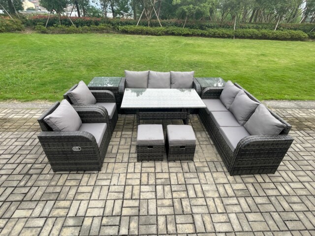Fimous Outdoor Garden Patio Furniture Wicker Rattan Oblong Rectangular Dining Table and Lounge Sofa set with Adjustable Chair 2 Side Tables 2 Small Footstools Dark Grey Mixed