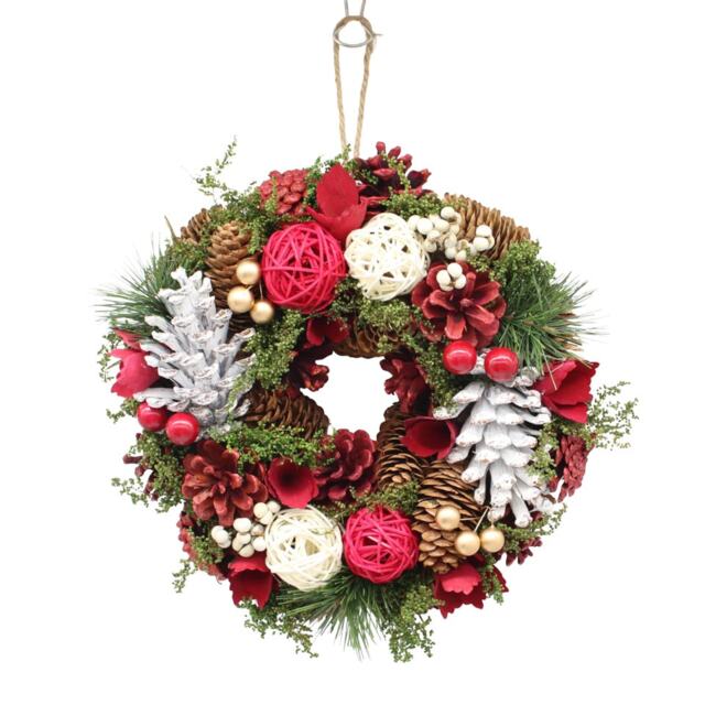 Christmas Wreath Festive Decoration with Jute Hanger Traditional Pinecone Decor Multi Red, White & Green 34cm 1