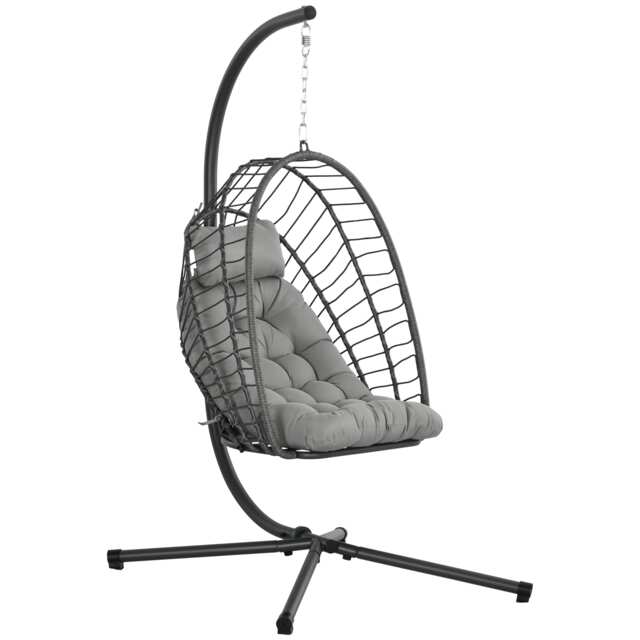 Outsunny Outdoor PE Rattan Swing Chair with Foldable Basket and Cushion, Garden Patio Hanging Egg Chair with Metal Stand, Headrest for Indoor and Outdoor, Light Grey Grey One Size