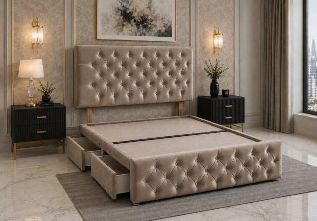 Divan Bed with Upholstered Headboard & Footboard Base 4FT Small Double Beige Plush 4 Drawers