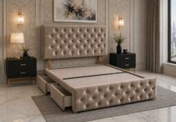 Divan Bed with Upholstered Headboard & Footboard Base 4FT Small Double Beige Plush 4 Drawers