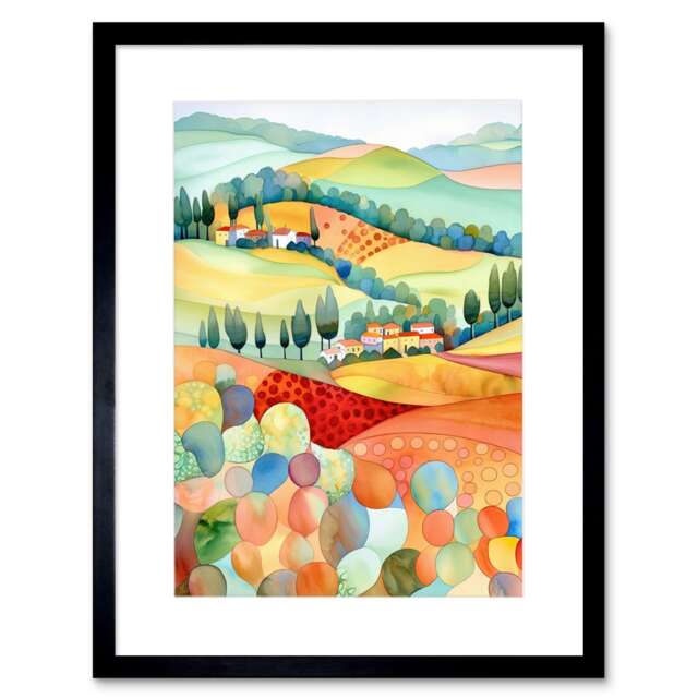 "Chianti Italy Rolling Hills Folk Art 9x7"" Black Framed Wall Art Print"