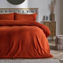 OHS Teddy Fleece Soft Cosy Warm Thermal Plush Plump Duvet Cover and Pillowcase Bedding Set Orange Rust Double