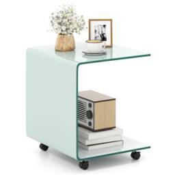 COSTWAY C-Shaped End Table Modern Tempered Glass Side Table with 2-tier shelf
