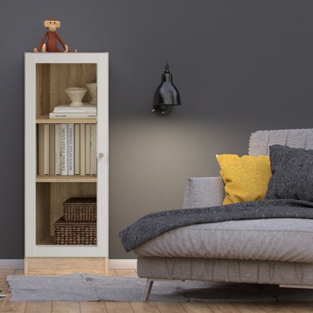Basic Low Narrow Display Cabinet In Oak (2 Shelves) with Glass White Door