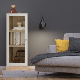 Basic Low Narrow Display Cabinet In Oak (2 Shelves) with Glass White Door