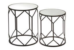 Set of 2 Black Polygonal Side Tables,Geometric Small Tables With Mirrored Glass Tops,Luxe Black Round Table Black