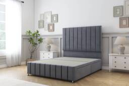 Sloomy California Steel Plush Divan Bed Base 2 Drawers Left Side With 26 Inch Strutted Headboard & 12 Inch Matching Footboard Grey Steel Double 1