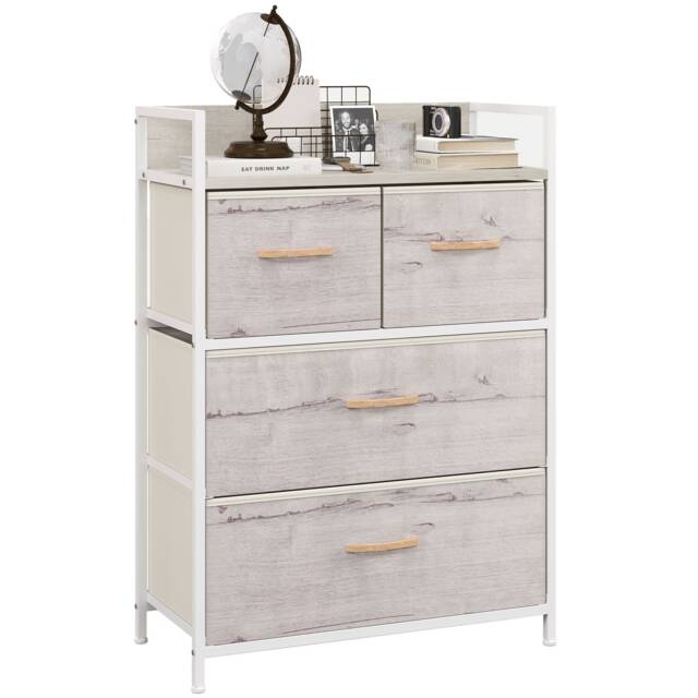 HOMCOM Bedroom Chest of Drawers, Fabric Dresser with 4 Drawers, Storage Organiser Unit with Open Shelf and Metal Frame for Living Room, Entryway, Natural Wood Finish Brown Natural wood finish