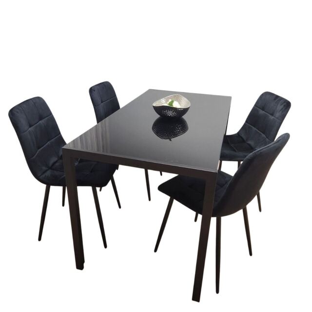 Dining Table and 4 Chairs Black Glass 4 Velvet Chairs Dining Room Furniture