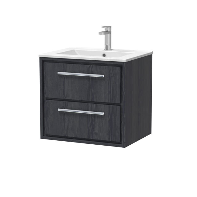 Balterley Longnor 2 Drawer Wall Hung Vanity Unit with 1 Tap Hole Minimalist Basin, Woodgrain Graphite Grey, 600mm