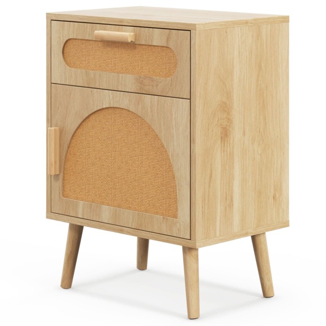 COSTWAY Rattan Nightstand with Rattan-decorated Door Yellow