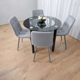 Round Black Glass Dining Table Set with 4 Grey Velvet Chairs Modern Dining Room Furniture