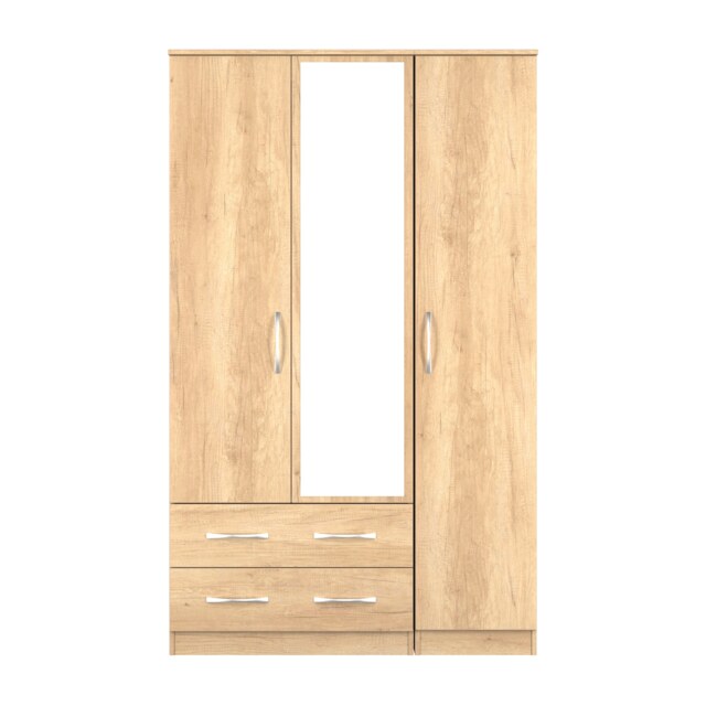 Hampshire Triple 2 Drawer Mirrored Wardrobe in Nebraska Oak (Ready Assembled) Brown Nebraska Oak