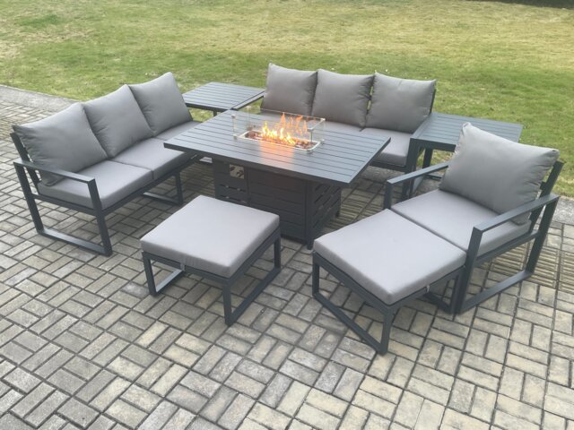 Fimous Aluminium 8 Pieces Garden Furniture Sofa Set with Cushions 9 Seater Gas Fire Pit Dining Table Set with 2 Side Tables 2 Big Footstools Dark Grey