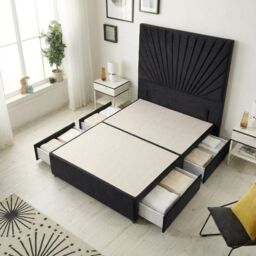 Sunburst Divan Bed with 4 Drawers & 54'' Floor Standing Headboard Plush Velvet Black Black