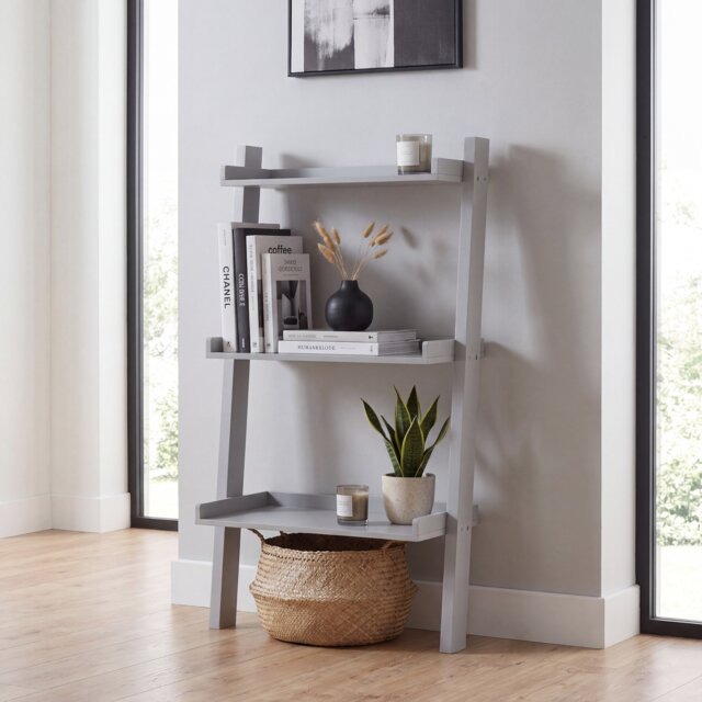 Vida Designs York 3 Tier Ladder Bookcase Living Room Display Storage Unit - Grey