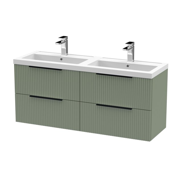 Balterley Fluted Front Wall Hung 4-Drawer Bathroom Vanity Unit with Double Basin, Handles Green Satin Green