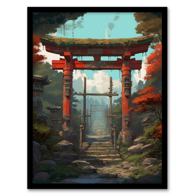 Red Torii Gate Leading Shinto Shrine Forest Black Framed Wall Art Print A4