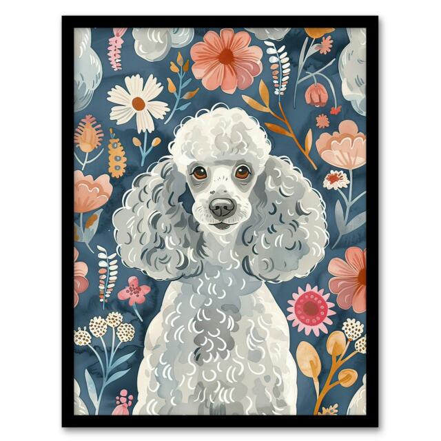 Poodle Floral Portrait Blue Pink Dog Lover Black Framed Wall Art Print A4