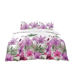Duvet Cover And Pillowcase Set Lily Flower Design Bed Linen Purple Lilac Double