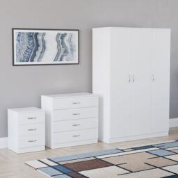 Vida Designs Riano 3 Piece Bedroom Set (3 Drawer Bedside Chest, 4 Drawer Chest, 3 Door Wardrobe) - White