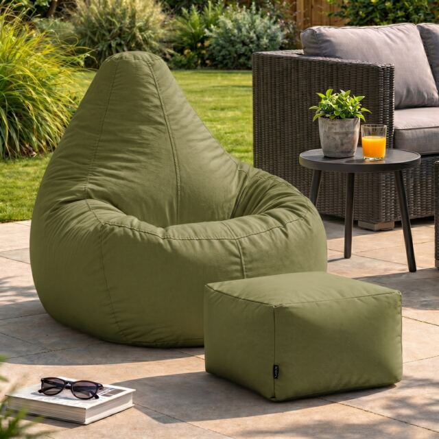 Icon Dalton Adults High Back Indoor Outdoor Bean Bag Chair & Footstool Pouffe, Khaki