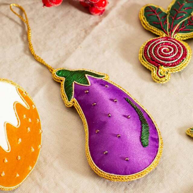 Marshalls Garden Zari Hand-Embroidered Aubergine Ornament Purple Purple, Green and Gold L 6cm x W 1.5cm x H 13 cm
