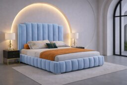 4ft6 Double Sky Blue Plush Velvet Tower Panel Bed Frame