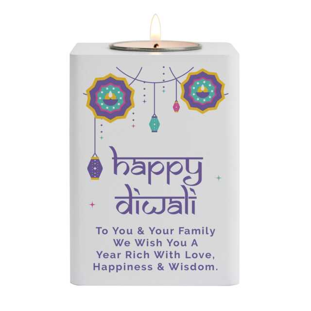 Personalised Diwali Wooden Tealight Holder White