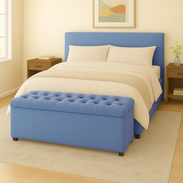 150cm Chesterfield Plush Velvet Duck Egg Upholstered Storage Ottoman Bench - Deep Tufted Lid & Wooden Leg