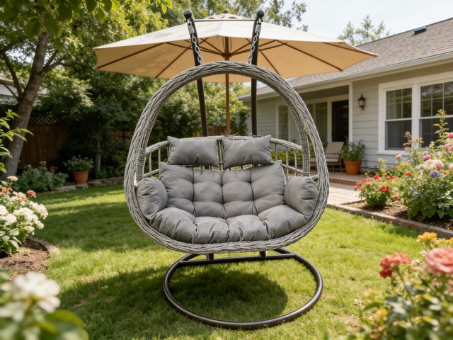 Fimous Indoor Outdoor Hammock Patio Rattan Love Egg Hanging Chair Garden With Grey Thick Cushion