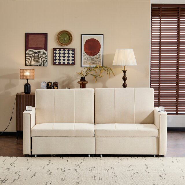 3-Seater Independent Pull-Out Fabric Sofa Bed with Side Pockets