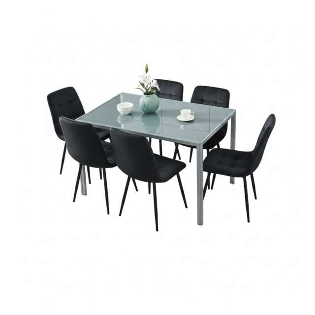Grey Glass Dining Table with 6 Black Velvet Chairs Set Kitchen Dining Room Furniture