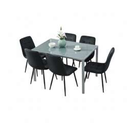 Grey Glass Dining Table with 6 Black Velvet Chairs Set Kitchen Dining Room Furniture