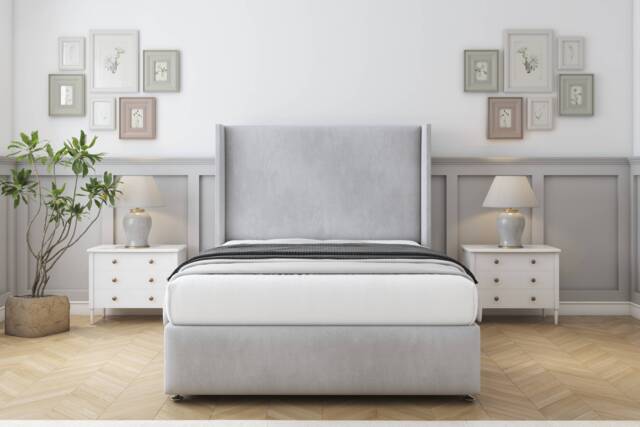 "Sloomy Stratford Silver Naples Divan Bed With Mattress 2 Drawers Footend With 54"" Wingback Headboard & 12"" Matching Footboard 5' King Silver Silver King 1"