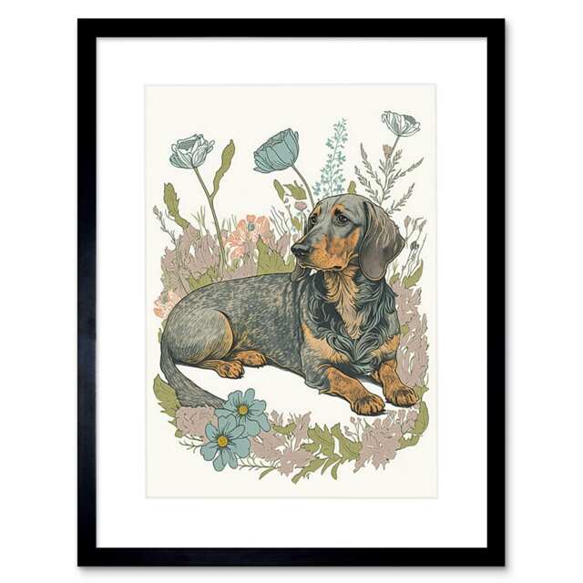 "Dachshund Dog Flower Field Pastel Watercolour 9x7"" Black Framed Wall Art Print"