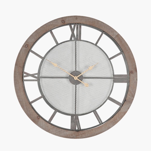 Round Wall Clock with Natural Wood and Black Metal Mesh