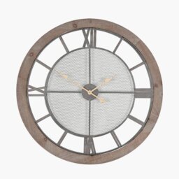 Round Wall Clock with Natural Wood and Black Metal Mesh