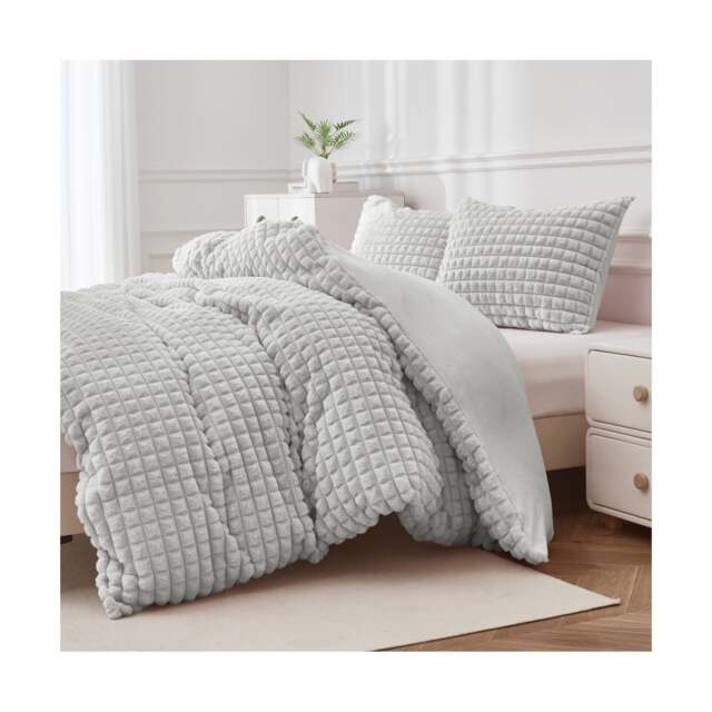 Ezysleep Super Soft Luxury Faux Fur Box Duvet Cover Plush Winter Bedding Grey Silver