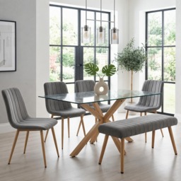 KOSY KOALA 6 Seater Forest Rectangle Tempered Glass Dining Table Set with 4 Grey Chairs and Bench Wood Effect X Shaped Metal Legs for Kitchen & Dining Room