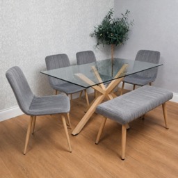 KOSY KOALA 6 Seater Forest Rectangle Tempered Glass Dining Table Set with 4 Grey Chairs and Bench Wood Effect X Shaped Metal Legs for Kitchen & Dining Room