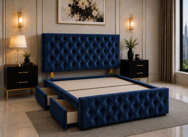 Brooklyn Divan Bed with Upholstered Headboard & Footboard Base - Double Blue Coniston No Storage