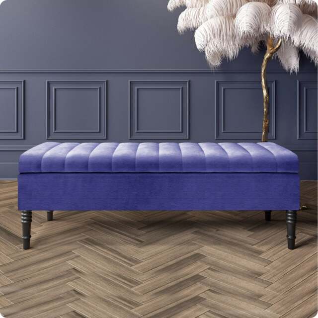 Safar 90cm Ottoman Storage Bench - Naples Shoe Bench - Blue Lined Upholstery Storage Footstool