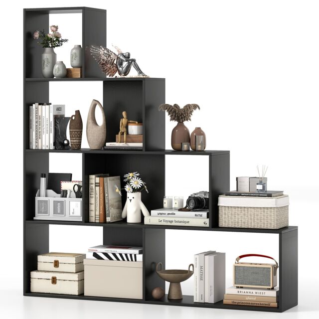 COSTWAY 4 Tier Stepped Bookshelf Modern Ladder Bookcase 6 Storage Cubes Black