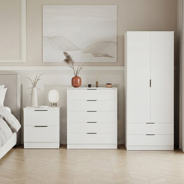 Vida Designs Trega 3 Piece Bedroom Set (2 Drawer Bedside Chest, 5 Drawer Chest, 2 Door 2 Drawer Wardrobe) White