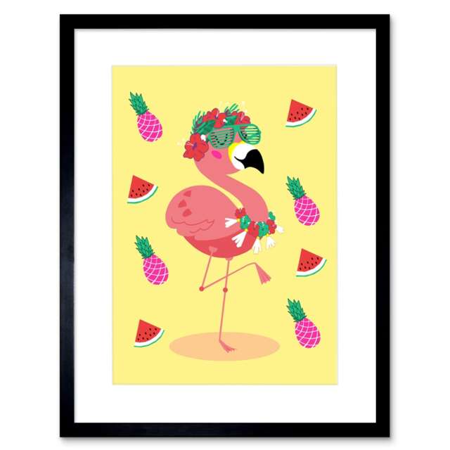 "Flamingo Party Fruit Bright Cartoon Kids Bedroom 9x7"" Black Framed Wall Art Print"