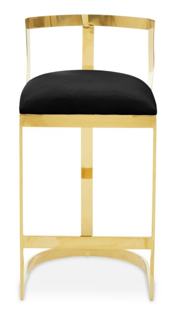 Orsina Black Velvet Bar Stool, Gold Finish Frame, Curved Backrest with Plump Seat, Modern Elegant Design Bar Stool